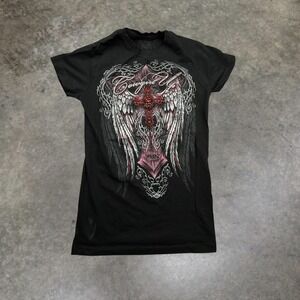 Cowgirl Up Vintage Y2K Mall Goth Graphic Tee Black Rhinestone Cross Wings Small